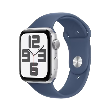 Apple Watch SE GPS • Caixa prateada de alumínio – 44 mm • Pulseira esportiva denim – M/G
